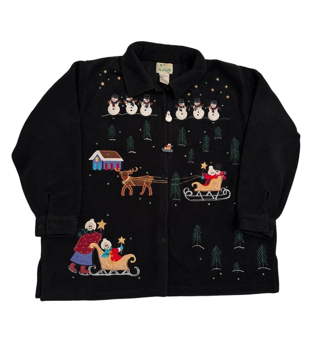 Quacker Factory 2X Christmas Jacket Snowman Reindeer Sleigh Embellished Y2K